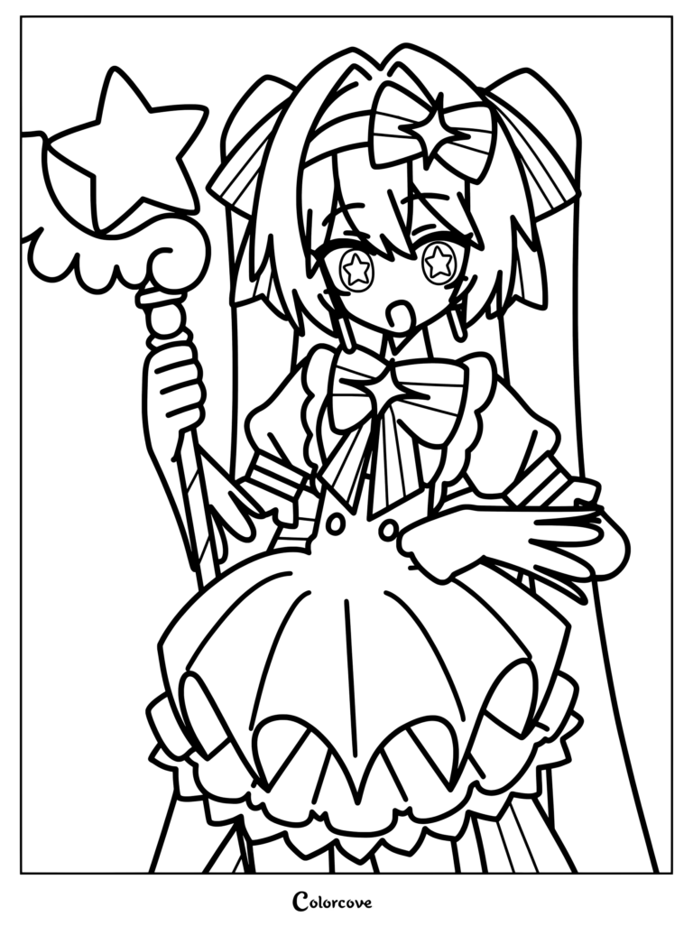 Retry Now Hatsune Miku coloring page featuring the Vocaloid character holding her iconic magical staff.