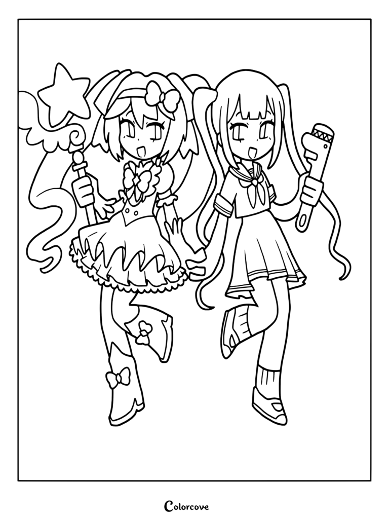 Printable Vocaloid coloring page featuring Retry Now Hatsune Miku holding a wrench and a regular Miku holding a star wand.