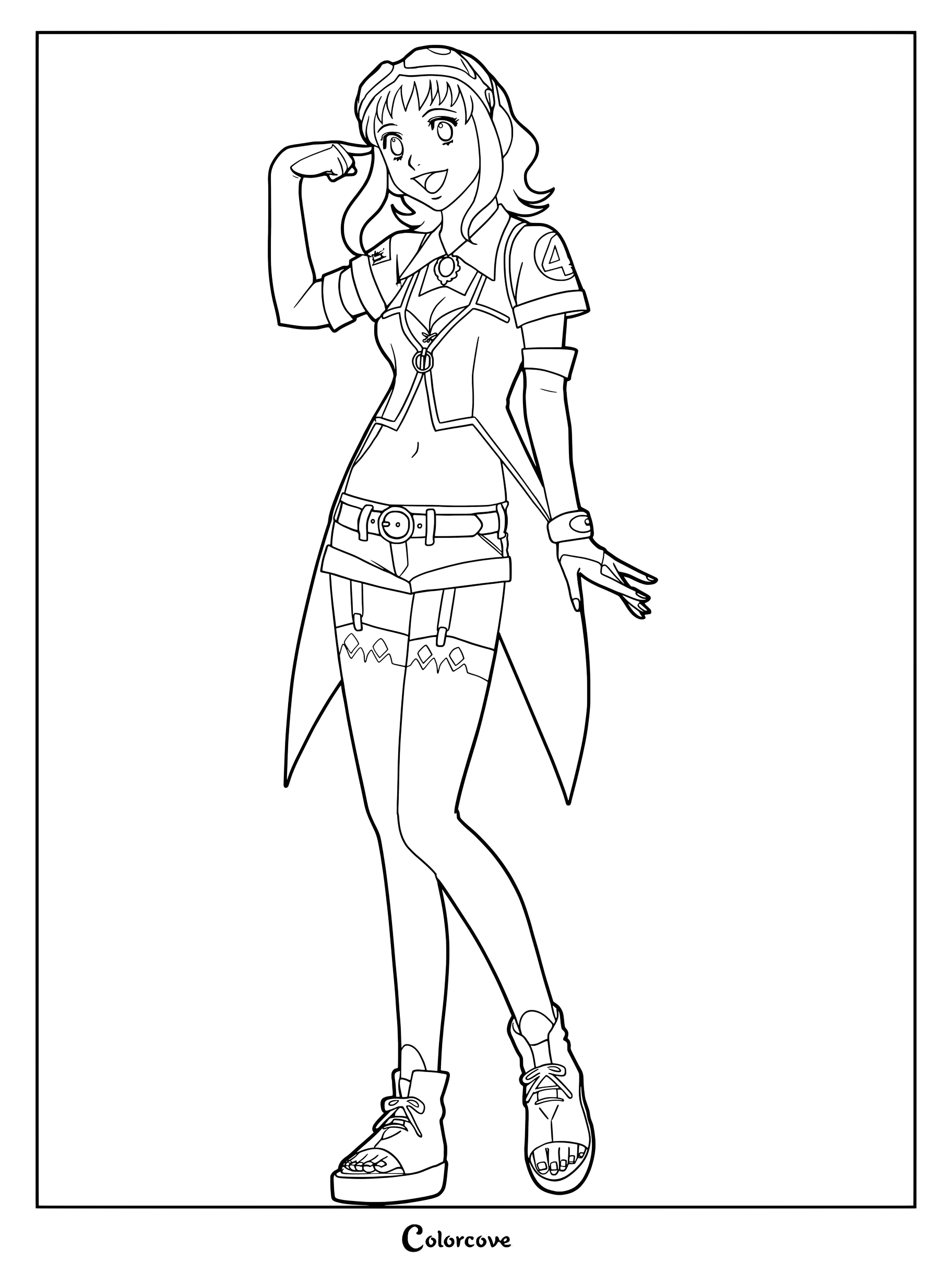 GUMI V4 from Vocaloid in her signature outfit posing with a hand to her head, detailed line art coloring page.