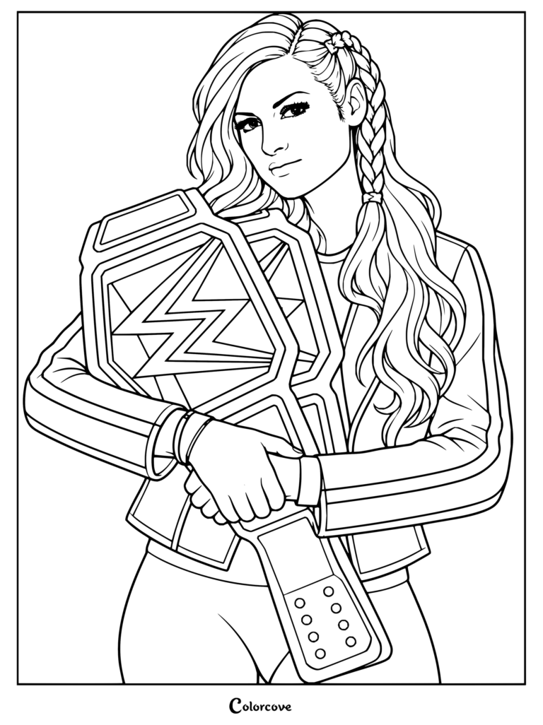 Dibujo para colorear de Becky Lynch The Man con la superestrella de WWE sosteniendo un cinturón de campeonato, luciendo trenzas y chaqueta.