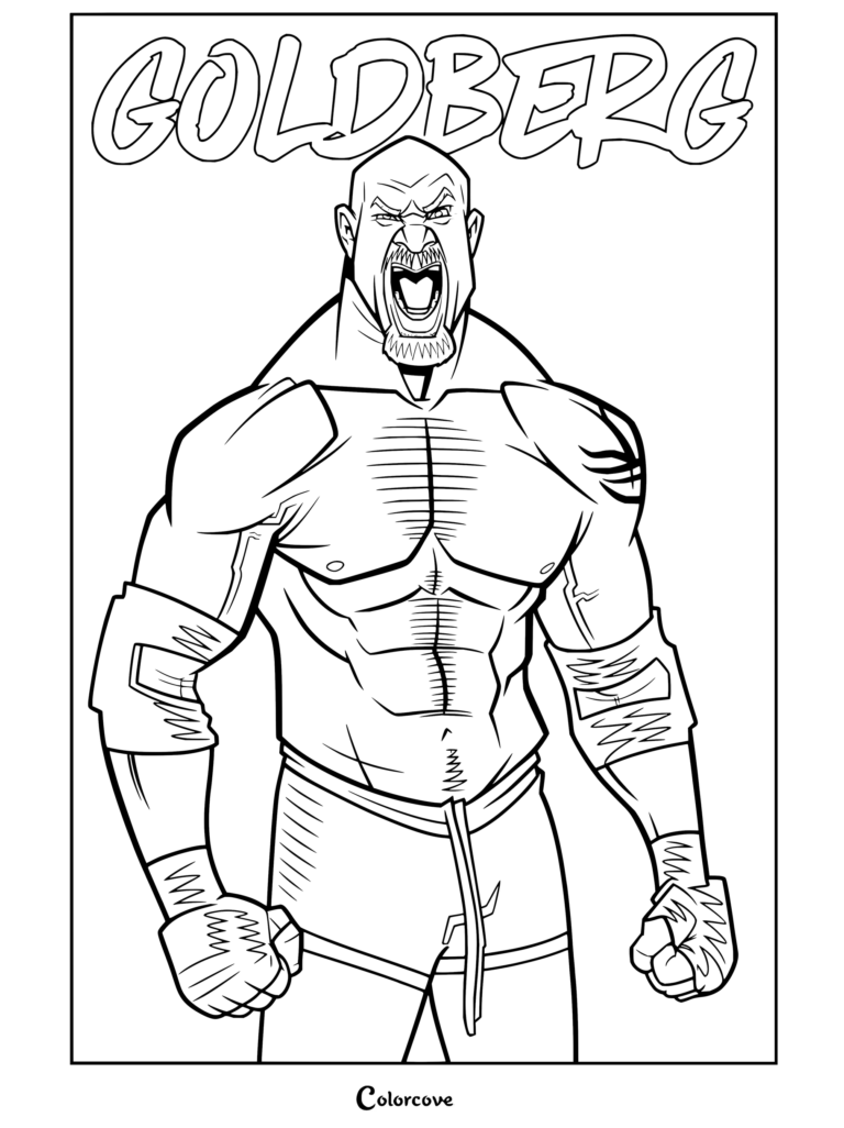 Dibujo para colorear con una caricatura del luchador de WWE Goldberg rugiendo, flexionando los músculos y gritando.