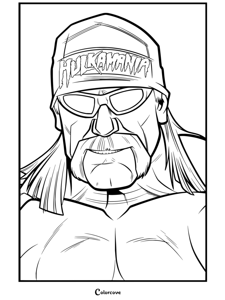 Dibujo para colorear de WWE con una ilustración animada de Hulk Hogan llevando una bandana de Hulkamania y gafas de sol amarillas.