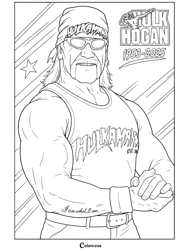 Dibujo para colorear de WWE con el retrato conmemorativo de Hulk Hogan luciendo su camiseta de tirantes amarilla y bandana de Hulkamania.