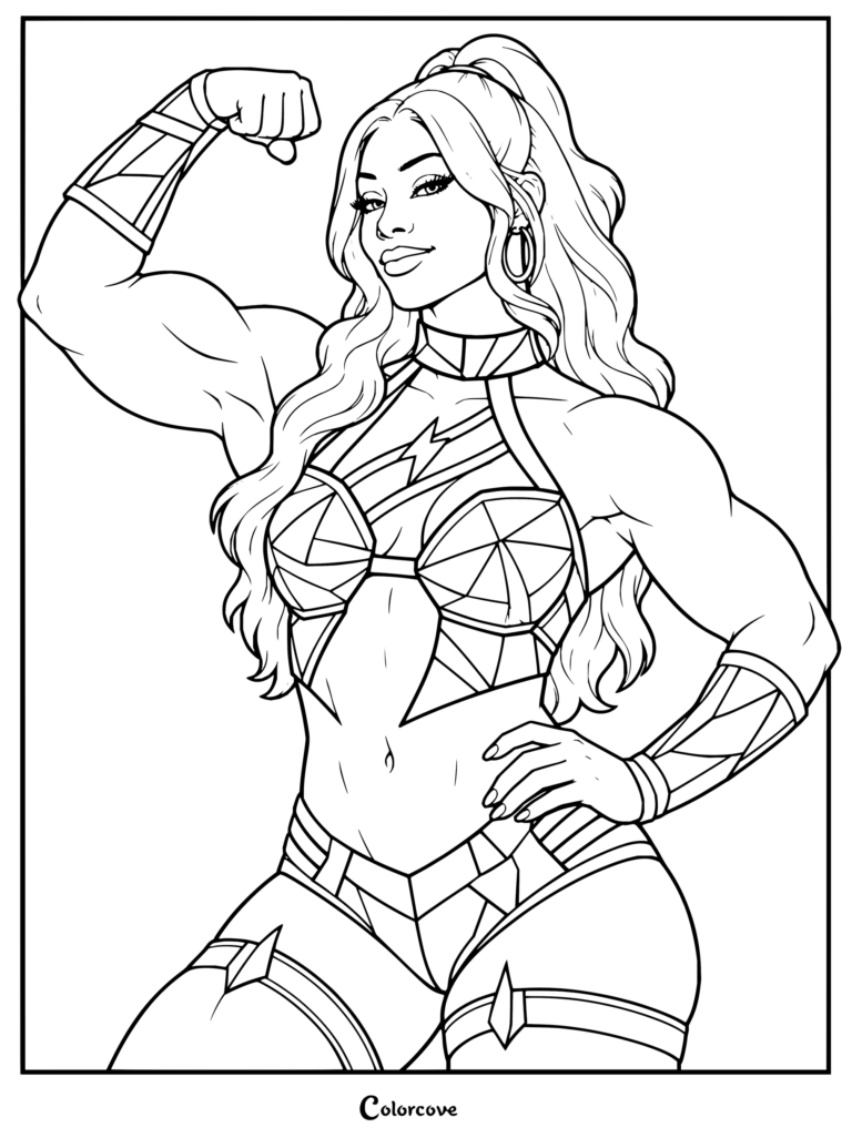 Dibujo para colorear de WWE de Jade Cargill flexionando sus bíceps con su atuendo de lucha característico.
