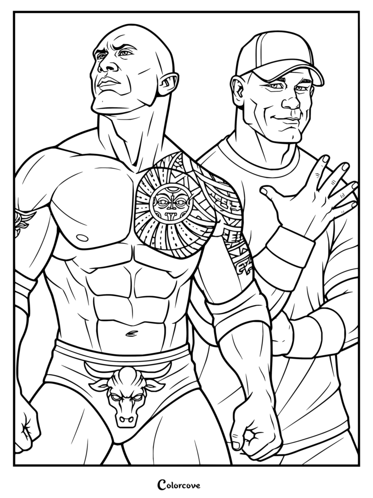 Dibujo para colorear de WWE de John Cena y La Roca que muestra a los dos legendarios luchadores posando juntos en trazos detallados.