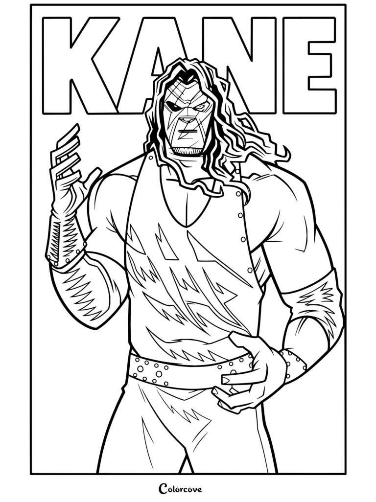 Dibujo para colorear del luchador de WWE Kane con máscara roja, pelo largo y atuendo negro.