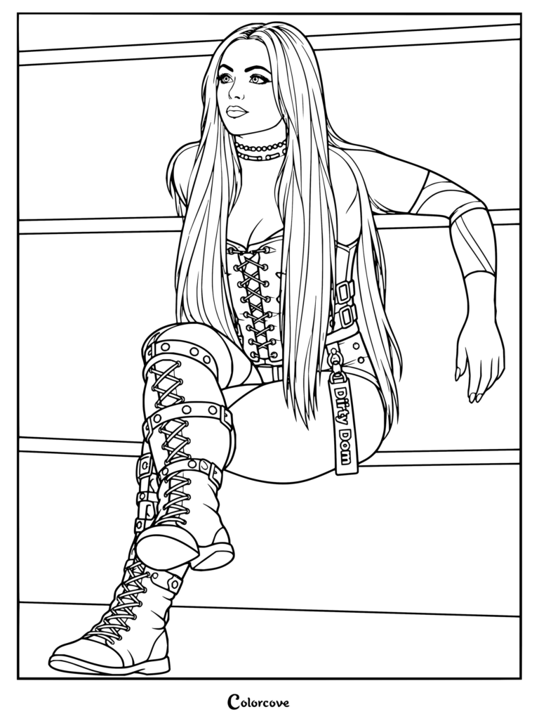 Dibujo para colorear de Liv Morgan con la superestrella de WWE sentada en las cuerdas con botas acordonadas y un corsé con el distintivo de Dirty Dom.