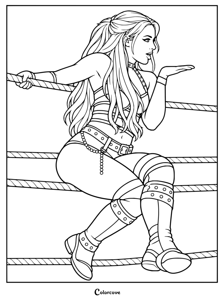 Dibujo para colorear de Liv Morgan que muestra a la luchadora de WWE sentada en las cuerdas del ring y lanzando un beso.