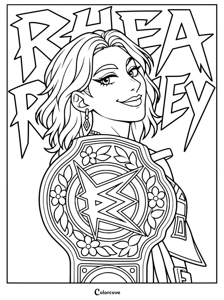 Dibujo para colorear de Rhea Ripley con la superestrella de WWE luciendo pendientes colgantes y levantando un cinturón de campeonato, con un llamativo texto estilizado detrás.