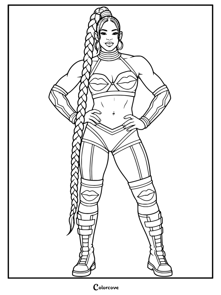 Dibujo para colorear de WWE de Bianca Belair con su emblemática trenza larga y su atuendo de lucha.