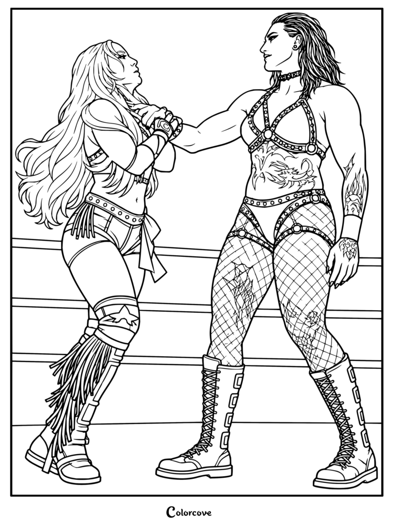 Dibujo para colorear de WWE de Rhea Ripley sujetando a una rival por la garganta en el cuadrilátero.