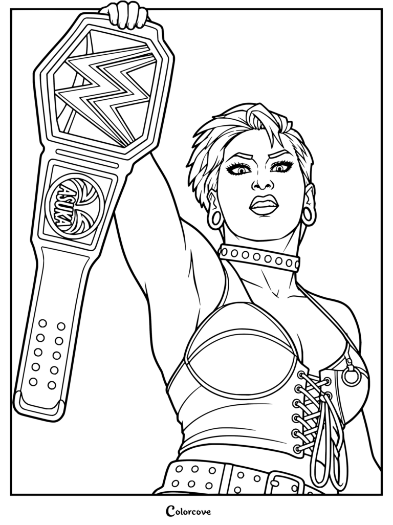 Rhea Ripley sosteniendo en alto un cinturón de campeonato en este dibujo para colorear de WWE.
