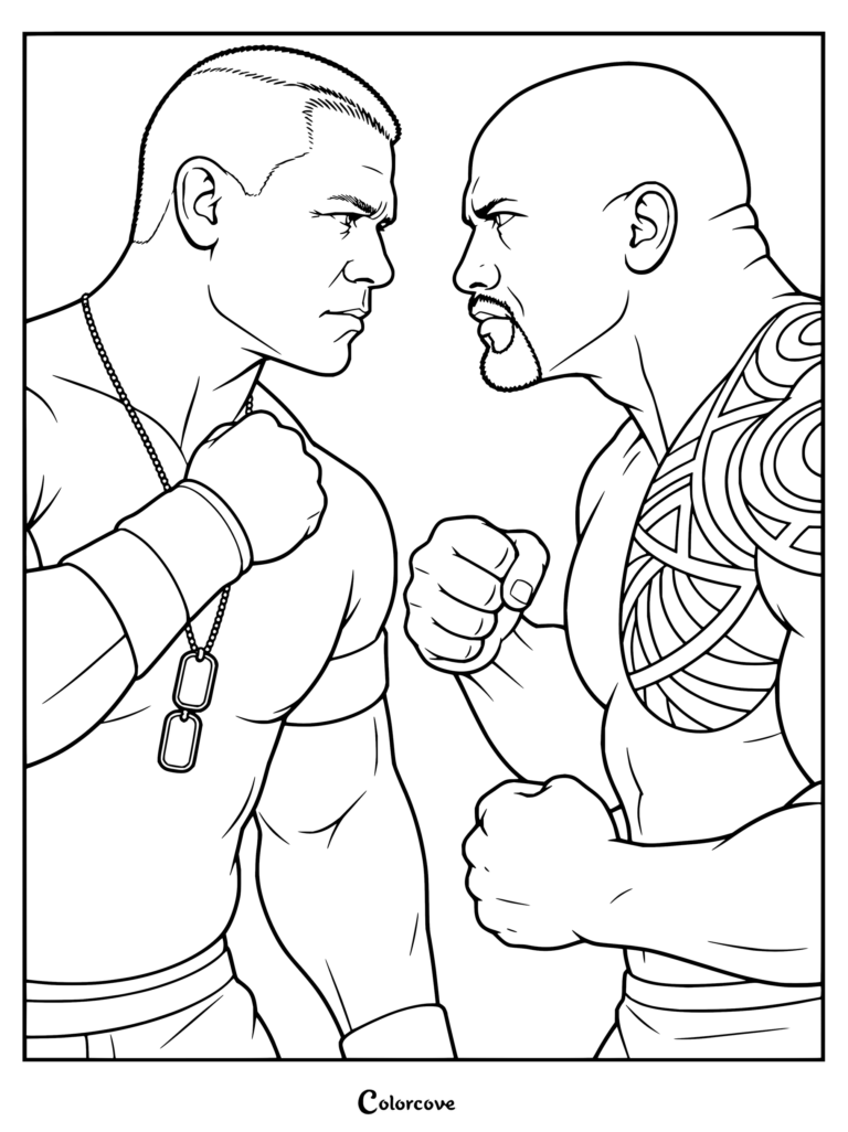 Dibujo para colorear de WWE con La Roca y John Cena cara a cara en un dramático duelo de miradas.