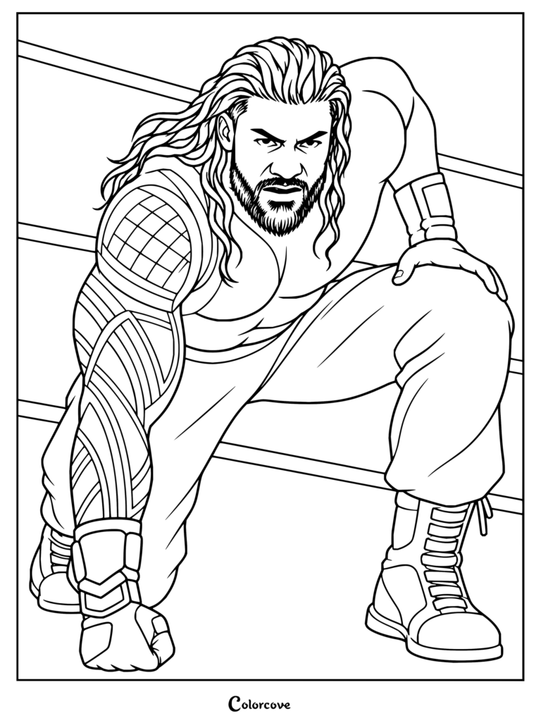 Dibujo para colorear de WWE de Roman Reigns en una fiera postura dentro del ring, con tatuajes detallados y su indumentaria.