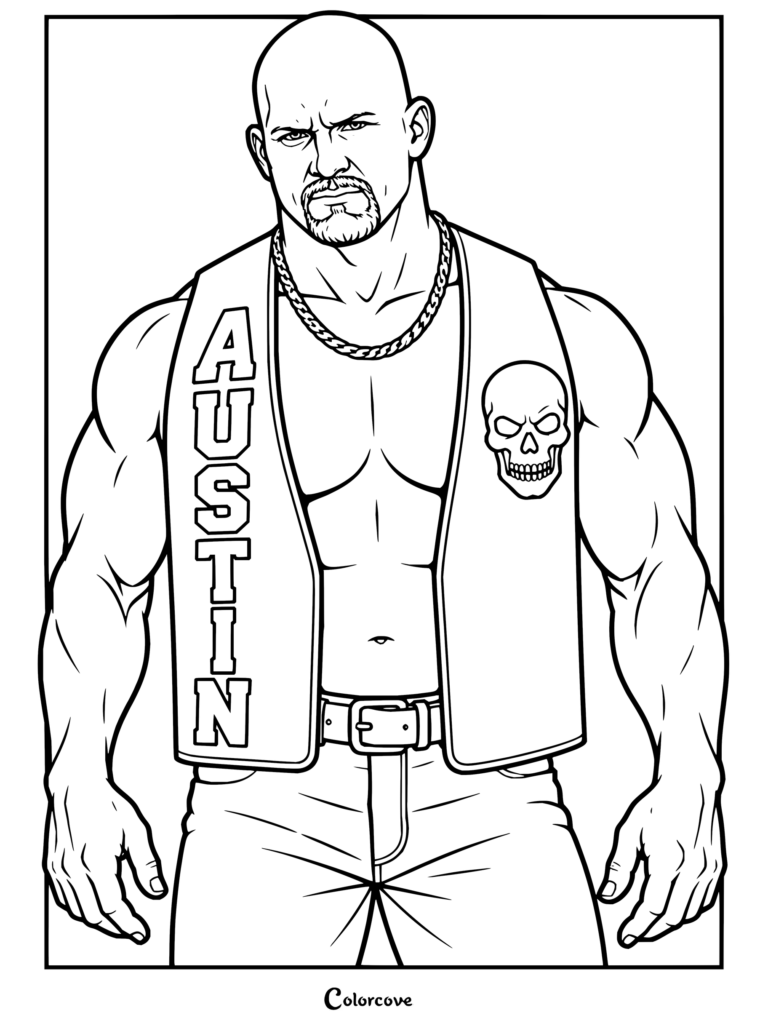 Dibujo para colorear de WWE de Stone Cold Steve Austin que muestra a la superestrella con su chaleco característico y el logotipo de la calavera.