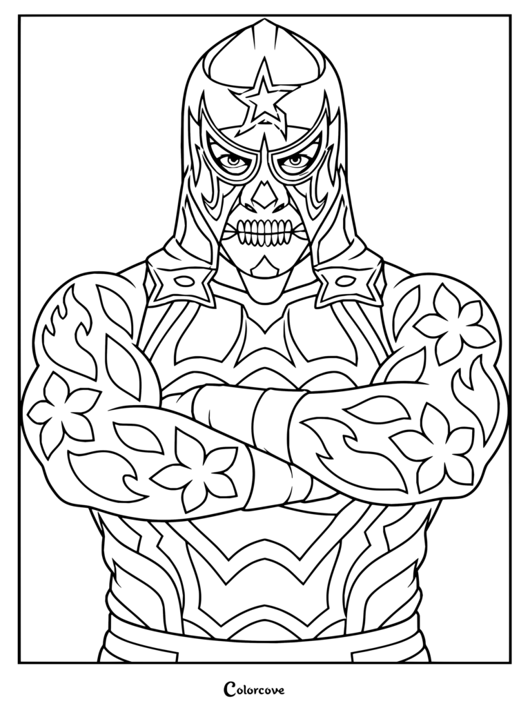 Dibujo para colorear de WWE del luchador profesional Penta El Zero Miedo con su inconfundible máscara de calavera y brazos tatuados.