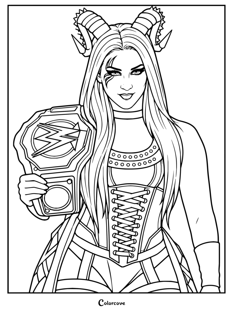 Dibujo para colorear de WWE para imprimir de la superestrella Stephanie Vaquer sosteniendo un cinturón de campeonato con una diadema de cuernos de carnero.