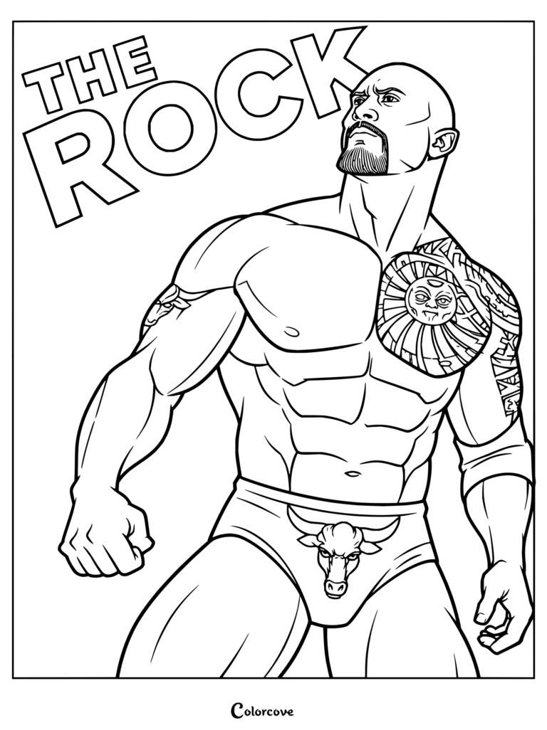 Dibujo para colorear de WWE de La Roca mostrando al icónico luchador flexionando los músculos con su indumentaria de combate.