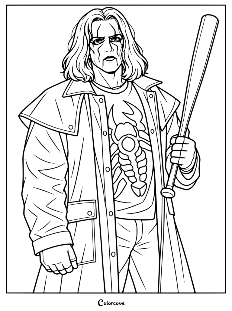Dibujo para colorear de WWE para imprimir con Sting en su icónica faceta de justiciero inspirada en El Cuervo de World Championship Wrestling, empuñando un bate de béisbol.