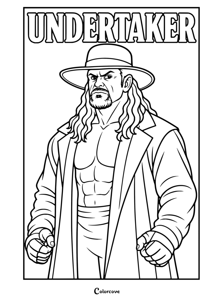 Dibujo para colorear de WWE para imprimir de El Enterrador luciendo su característico sombrero de ala ancha, gabardina larga y perilla.