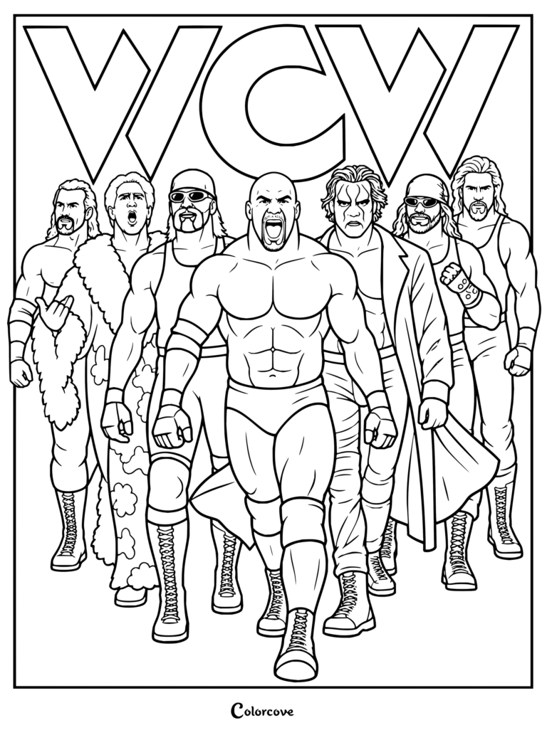 Dibujo para colorear de WWE para imprimir con Diamond Dallas Page, Ric Flair, Hulk Hogan, Goldberg, Sting, Kevin Nash y Scott Hall caminando juntos bajo un gran logotipo de WCW.