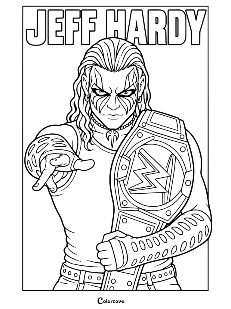 Jeff Hardy sosteniendo su cinturón de campeonato con pintura facial en este dibujo para colorear de WWE.