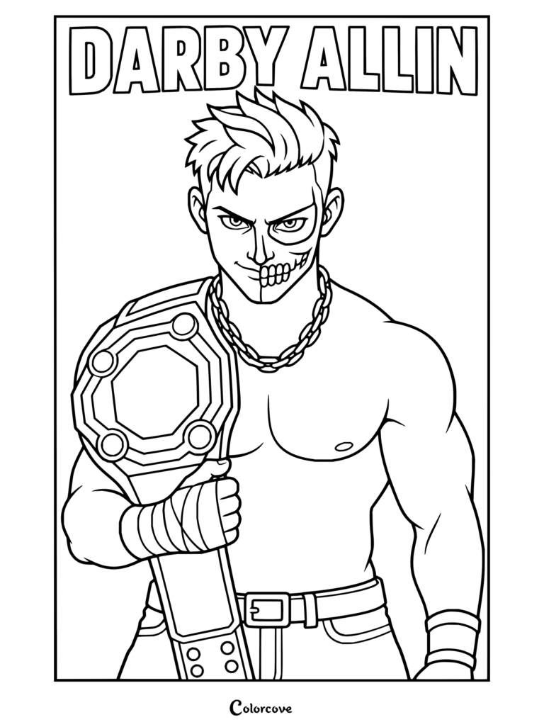 Dibujo para colorear de WWE para imprimir de Darby Allin sosteniendo un cinturón de campeonato, con su emblemática pintura facial y collar de cadena.