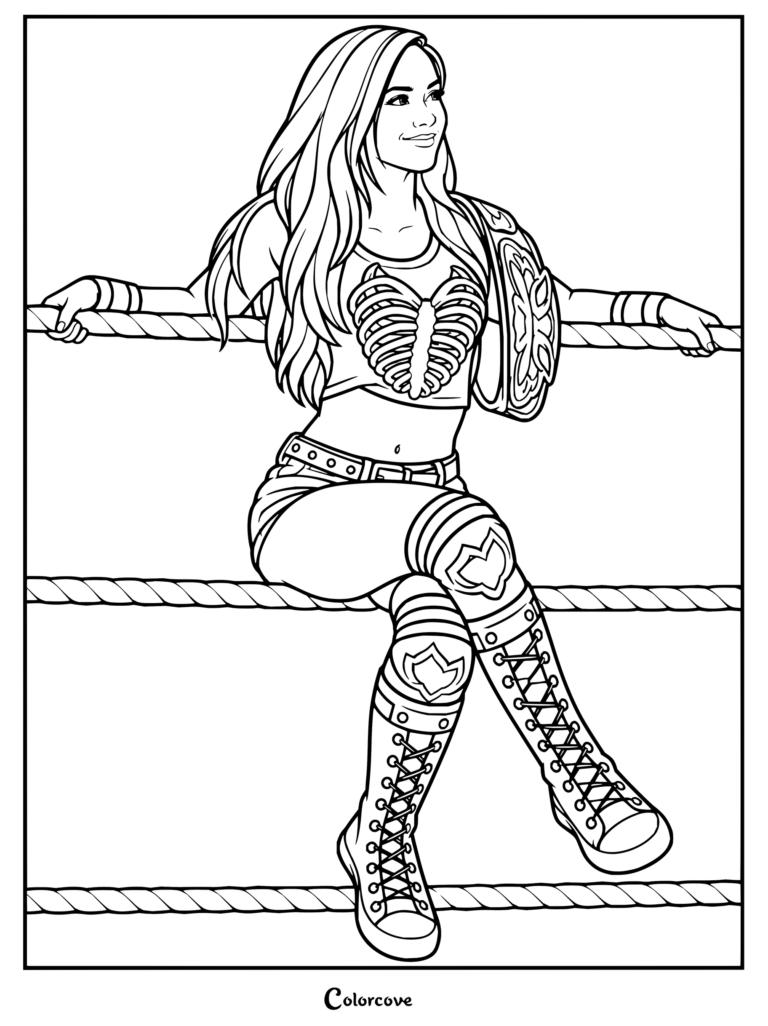 Dibujo para colorear de WWE con Becky Lynch sentada en las cuerdas del ring con un cinturón de campeonato, llevando un top corto de esqueleto y botas acordonadas.