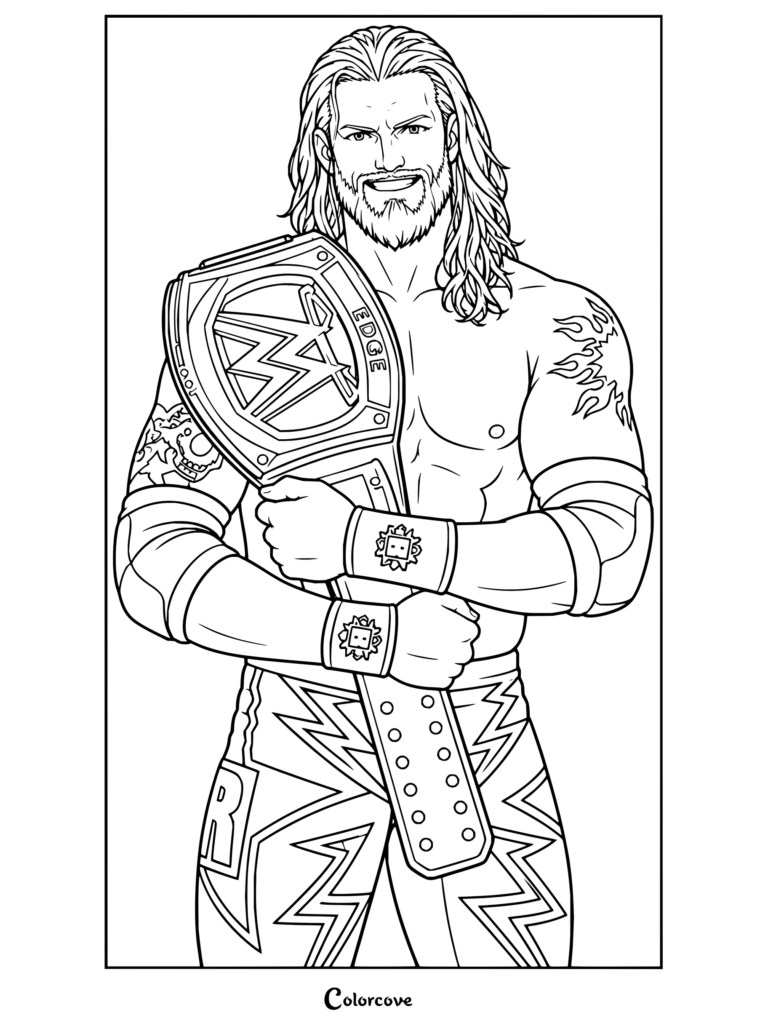 Edge sonriendo mientras sostiene el cinturón de campeonato de WWE en un dibujo detallado para colorear.