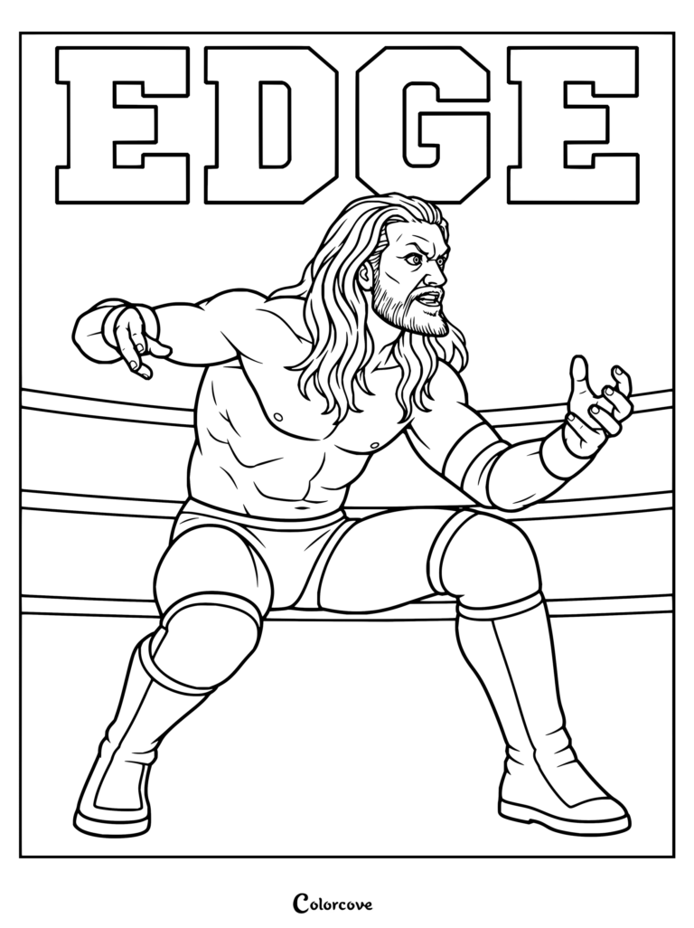 Dibujo para colorear de WWE de Edge con la superestrella de la lucha adoptando una pose dramática dentro del cuadrilátero.