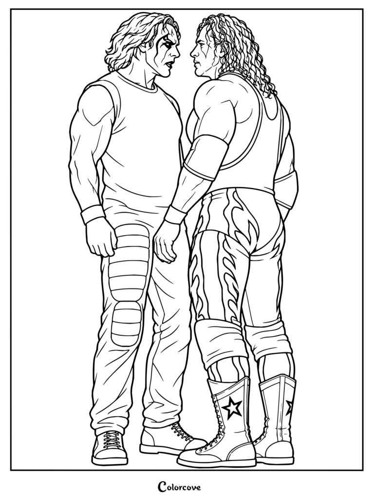 Dibujo para colorear de WWE de un tenso cara a cara entre los iconos de la lucha libre Sting, con su característica pintura facial de cuervo, y Bret "The Hitman" Hart.