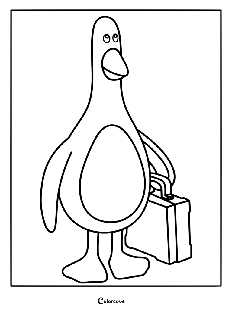 Feathers McGraw from Wallace and Gromit standing upright and holding a briefcase in this simple printable coloring page.