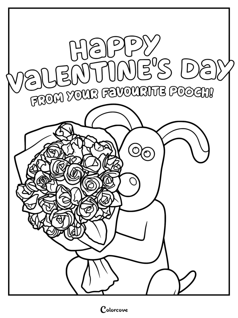 Gromit the dog holding a large bouquet of roses on a Happy Valentine's Day themed printable coloring page.