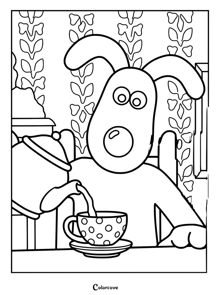 Gromit from Wallace and Gromit pouring tea from a kettle into a polka dot teacup in this printable coloring page.