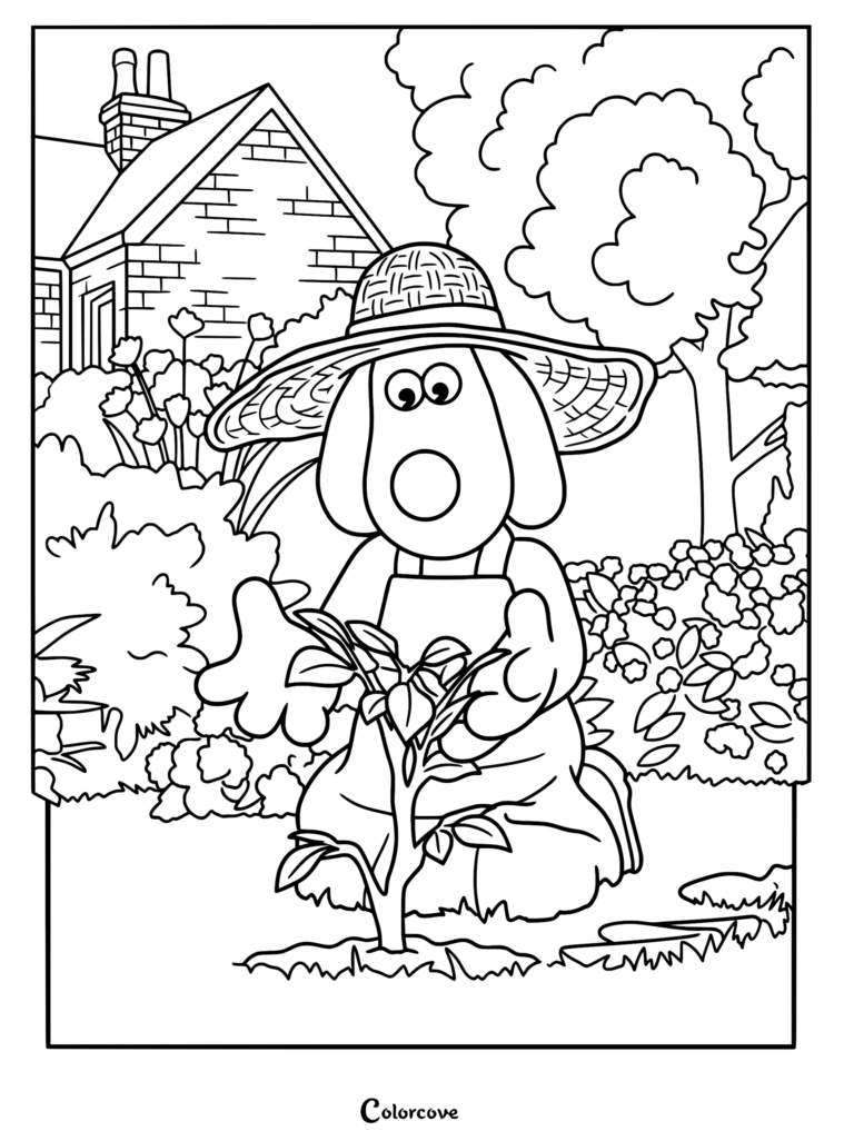 Gromit wearing a wide-brimmed straw hat and apron tending to a small plant in a garden, line art coloring page.