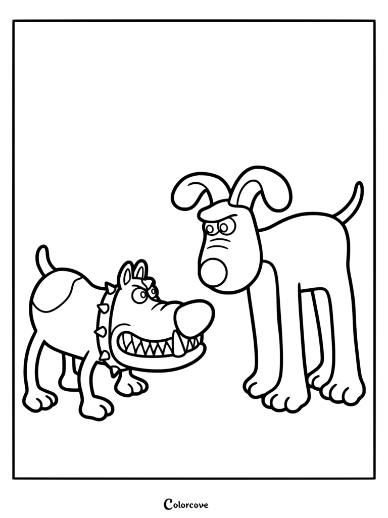 Gromit standing face-to-face with a growling, spiked-collar dog named Philip in this printable Wallace and Gromit coloring page.