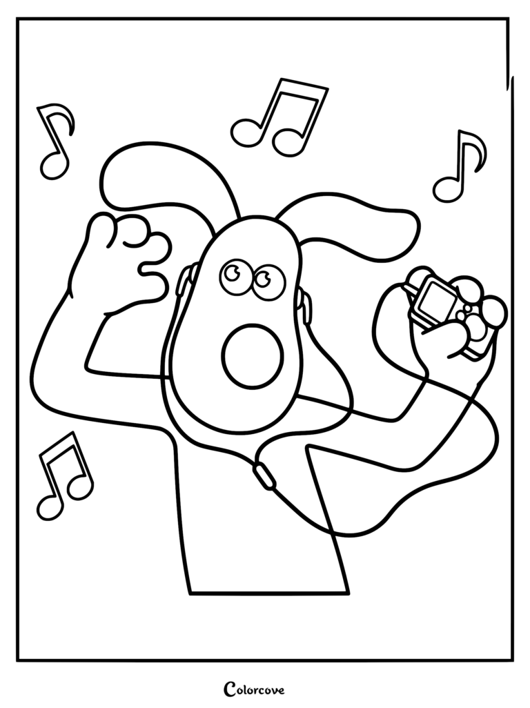 Gromit from Wallace and Gromit wearing headphones and listening to a portable music player, shown in a clean line art coloring page style with floating musical notes.
