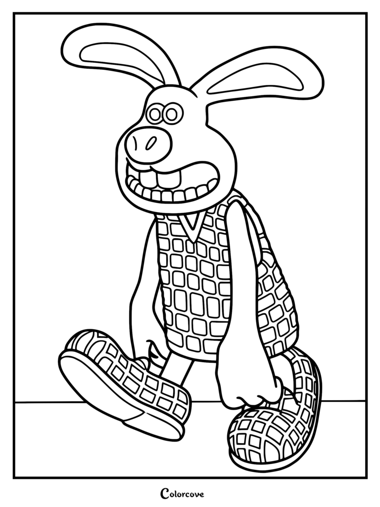 Hutch the rabbit character from Wallace and Gromit wearing a checkered vest and shoes, black and white line art coloring page.