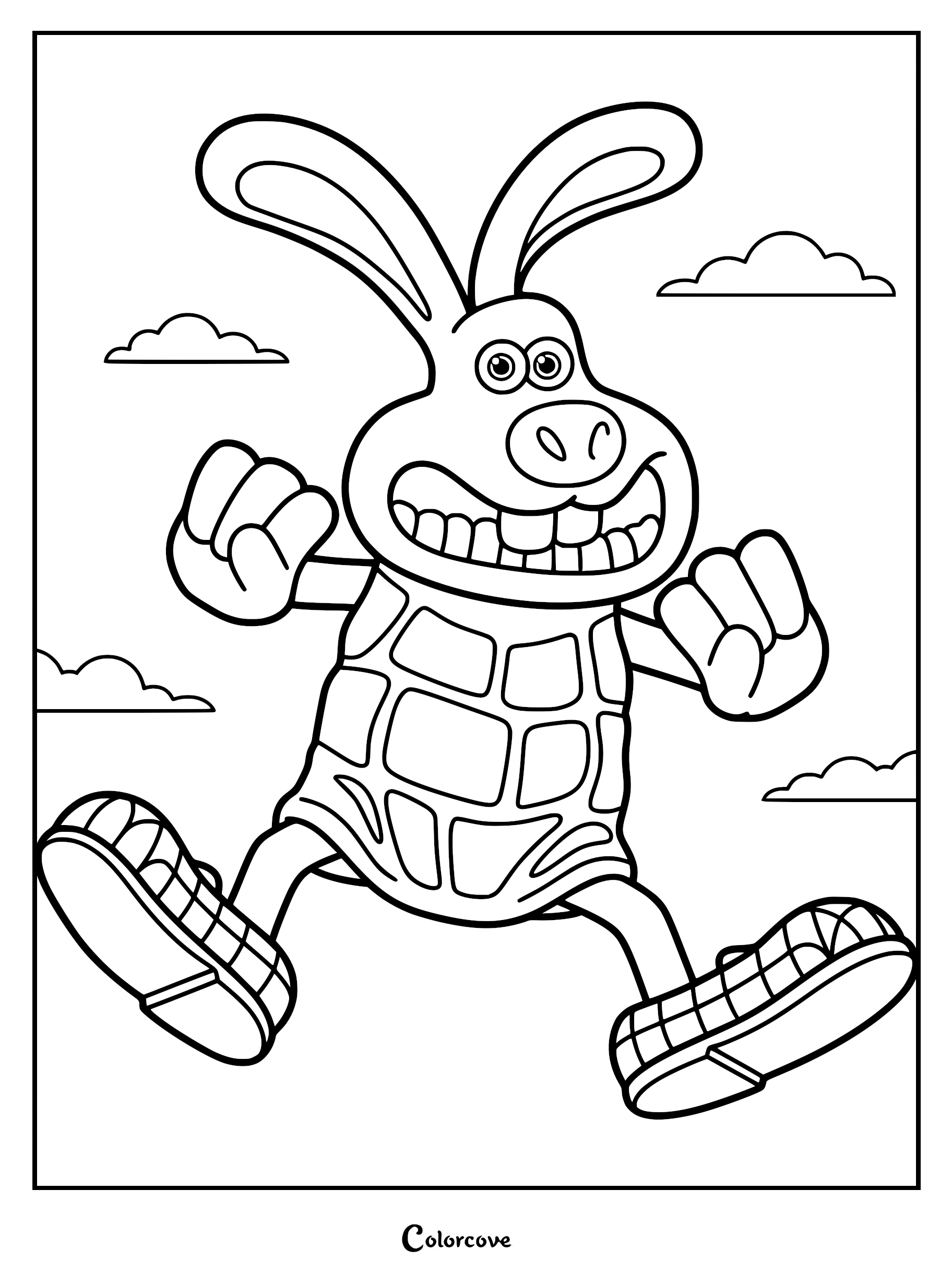A printable coloring page of the Were-Rabbit character from Wallace and Gromit, shown mid-jump with buck teeth and sneakers against a cloudy sky.