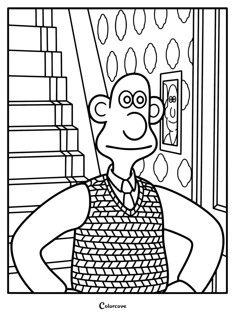 A printable coloring page featuring Wallace from Wallace and Gromit, wearing his signature knit sweater vest, standing in his home hallway with a staircase and a framed picture on the wall.
