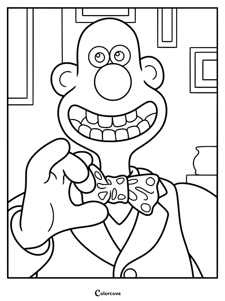 Wallace from Wallace and Gromit grinning widely while adjusting his patterned bow tie, printable coloring page.