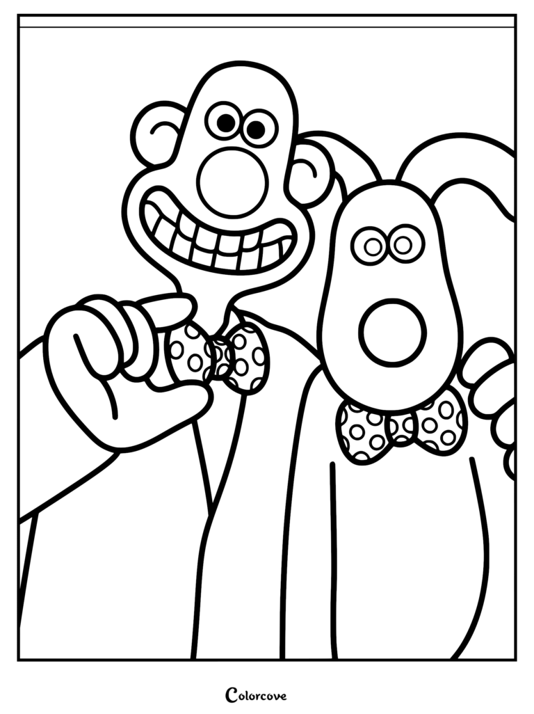 Wallace and Gromit wearing polka dot bow ties in a black and white line art coloring page.