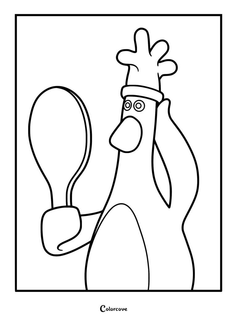 Feathers McGraw from Wallace and Gromit wearing a chef hat and holding a hand mirror in this printable coloring page.