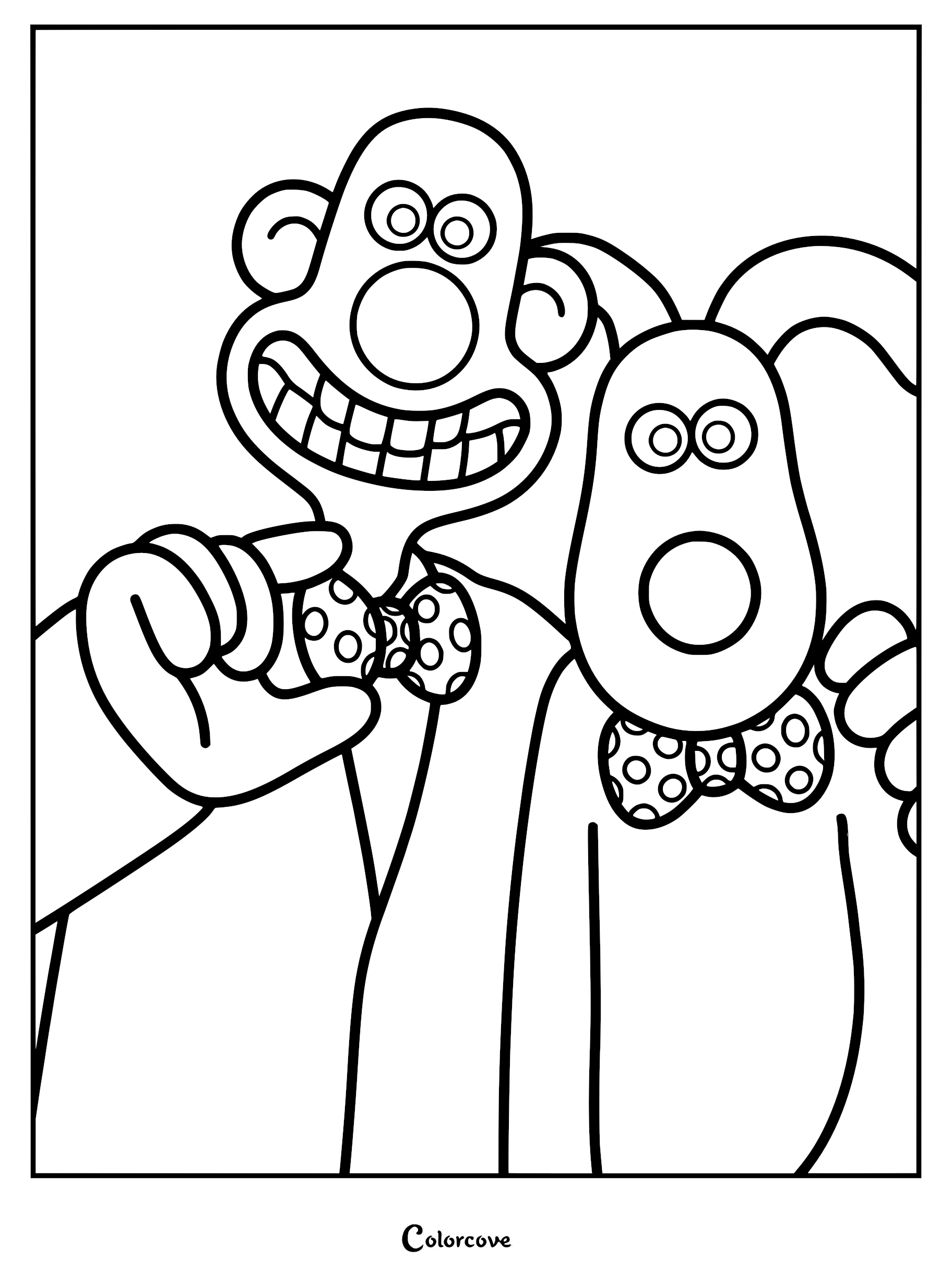 A printable coloring page featuring Wallace and Gromit smiling and wearing matching polka dot bow ties.