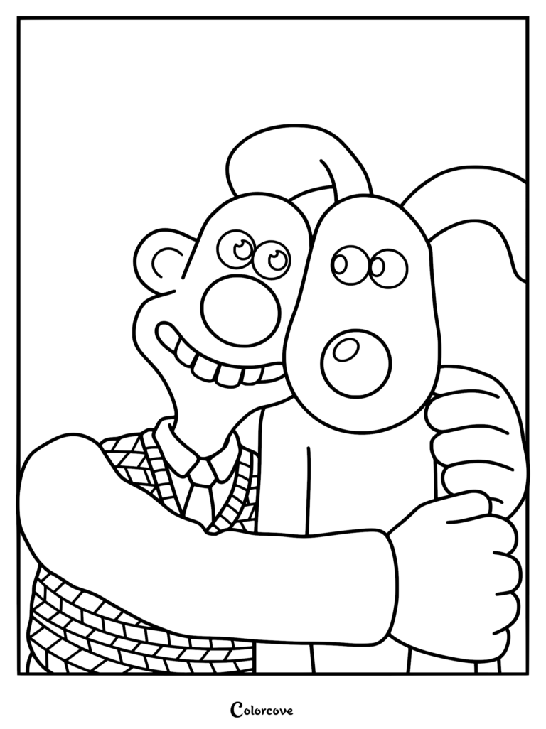 A printable coloring page featuring a close-up line art illustration of Wallace wearing his signature sweater vest as he warmly hugs his loyal dog Gromit.