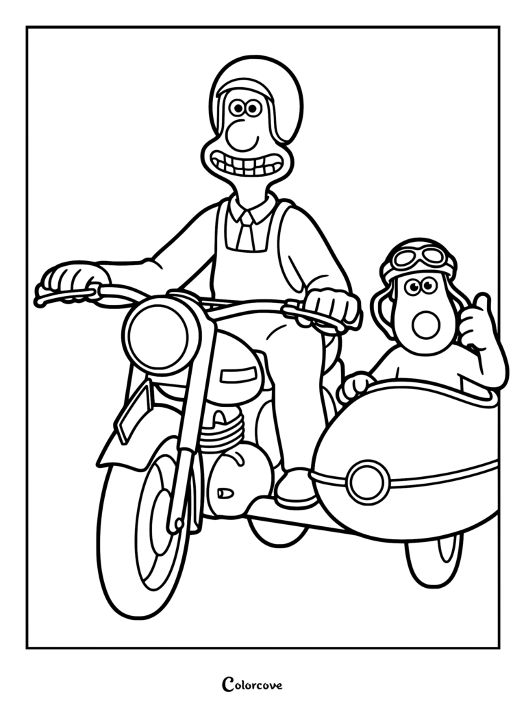A printable coloring page showing Wallace wearing a helmet driving a motorcycle with Gromit in the sidecar wearing goggles and giving a thumbs up.