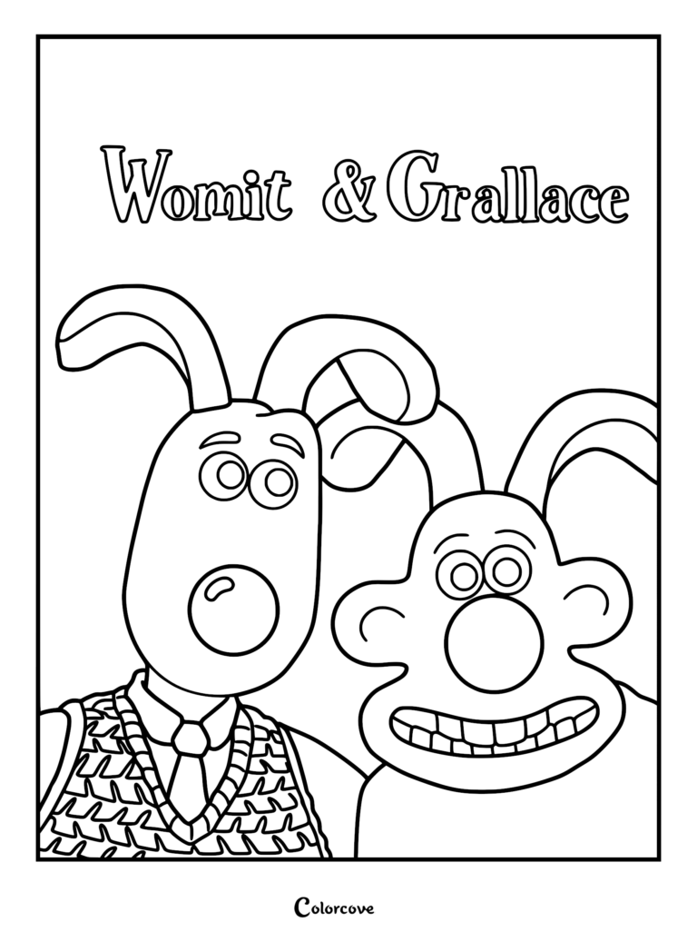 A fun line art coloring page featuring Womit and Grallace, a parody of Wallace and Gromit characters drawn as rabbits, with the text Womit & Grallace above them.