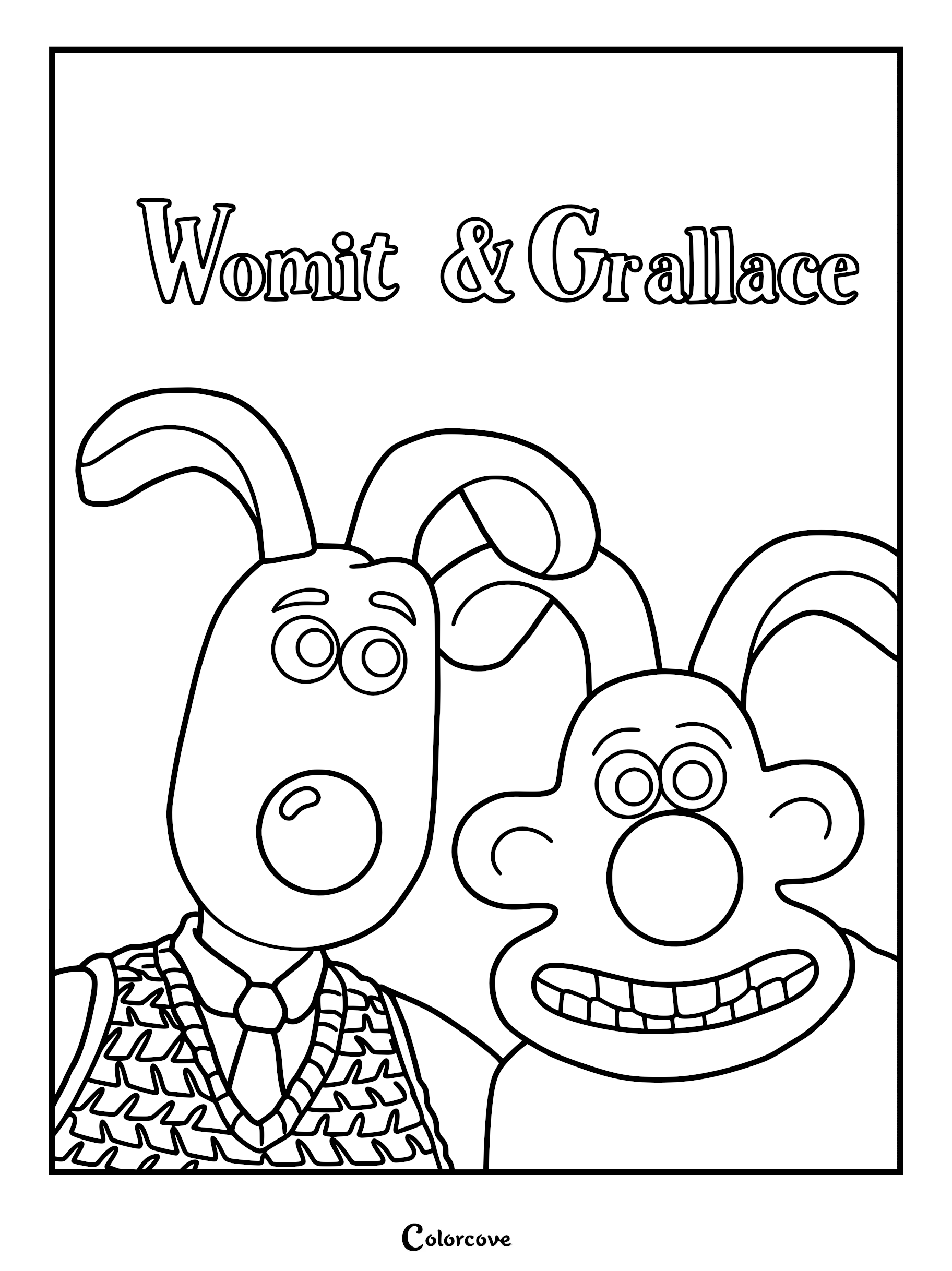A fun line art coloring page featuring Womit and Grallace, a parody of Wallace and Gromit characters drawn as rabbits, with the text Womit & Grallace above them.