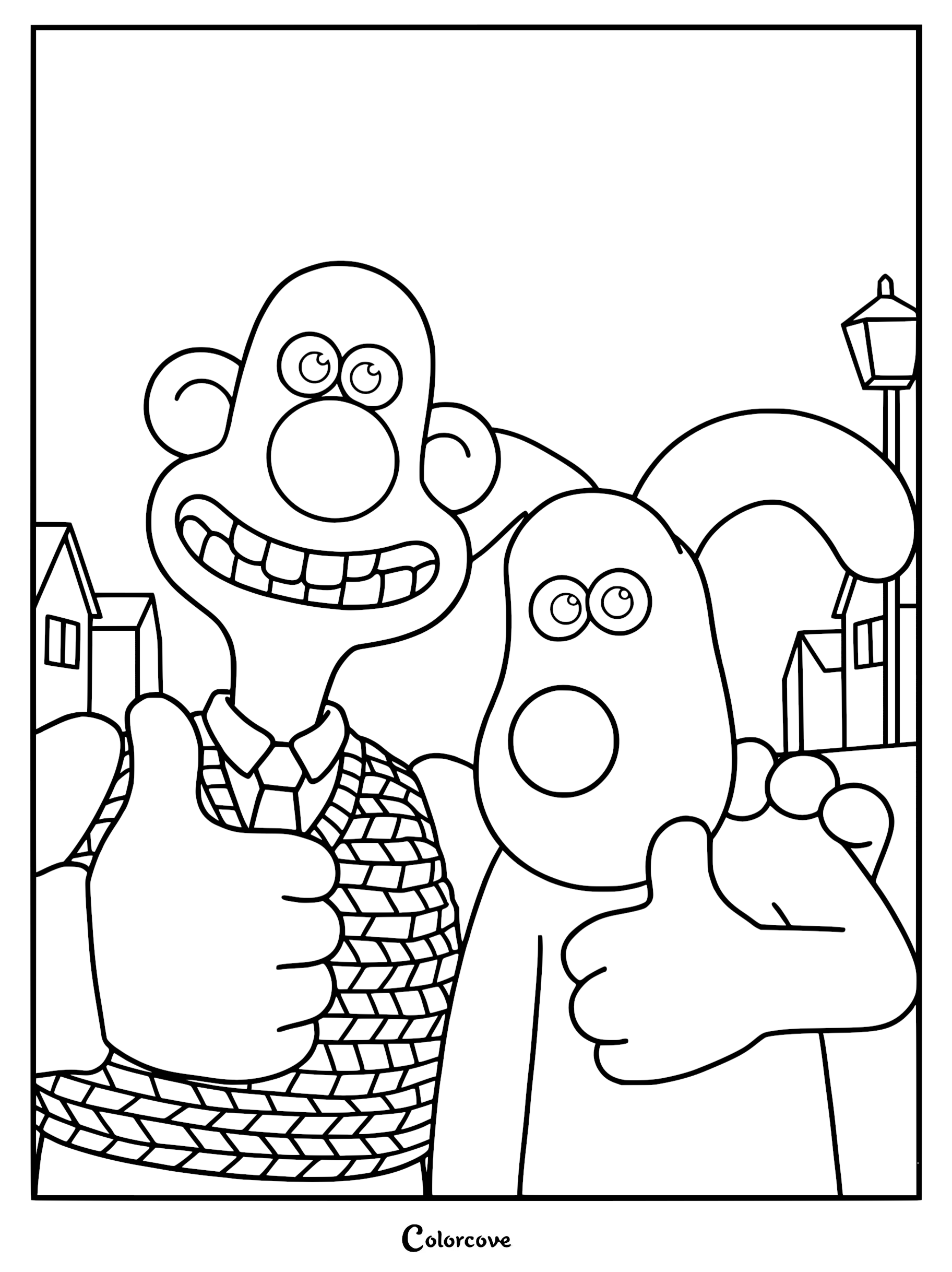Wallace and Gromit coloring page featuring the pair smiling and giving thumbs up gestures in a suburban street setting with a lamppost.