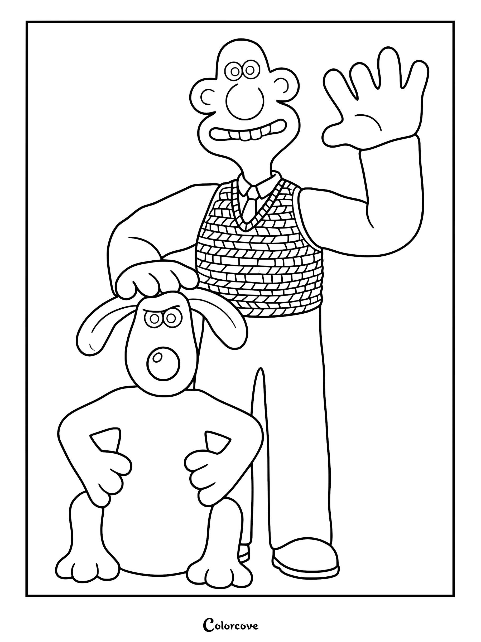 A printable coloring page featuring Wallace waving his hand while gently patting his loyal dog Gromit on the head.